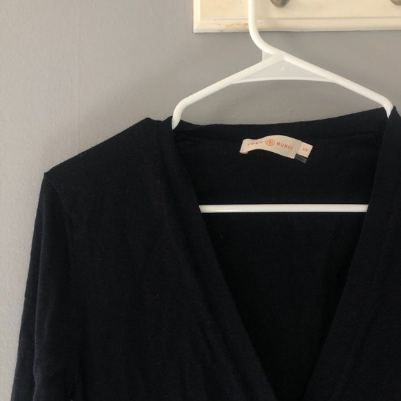 Tory Burch Navy Blue 100% Merino Wool V-Neck Cardigan Small Gold Logo Buttons - Picture 8 of 10